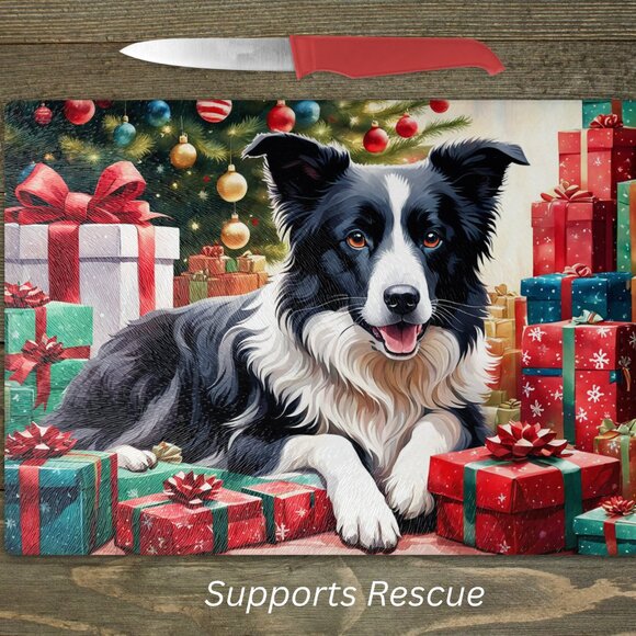 Christmas Border Collie Dog Kitchen Tempered Glass Cutting Board or Trivet - Picture 1 of 1